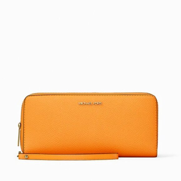 New Michael Kors Jet Set Large Travel Continental Wallet Leather Pop Orange - Picture 1 of 3